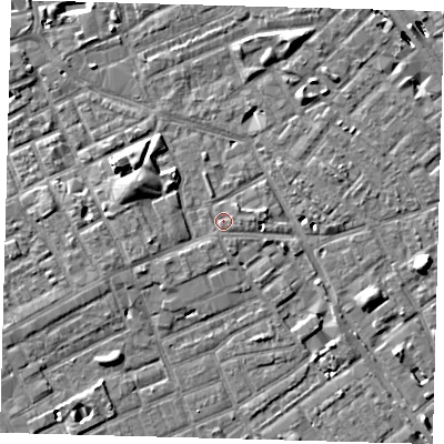 Shaded relief map of the ground around SE171EL, computed from Environment Agency LiDAR. The ground here sits at about 3 m above sea level and falls 8 m across the surrounding 800 m. Surface water reaching this point runs off ground lying to the east, 0.7 m higher.