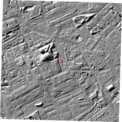 Shaded relief map of the ground around SE171EP, computed from Environment Agency LiDAR. The ground here sits at about 3 m above sea level and falls 7 m across the surrounding 800 m. Surface water reaching this point runs off ground lying to the west-north-west, 3.2 m higher.
