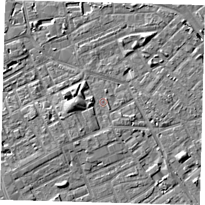 Shaded relief map of the ground around SE171ER, computed from Environment Agency LiDAR. The ground here sits at about 3 m above sea level and falls 7 m across the surrounding 800 m. Surface water reaching this point runs off ground lying to the west, 3.2 m higher.