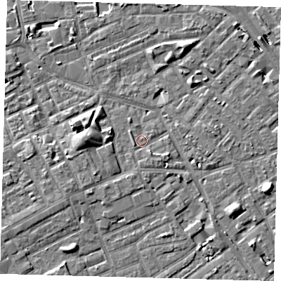 Shaded relief map of the ground around SE171ES, computed from Environment Agency LiDAR. The ground here sits at about 3 m above sea level and falls 8 m across the surrounding 800 m. Surface water reaching this point runs off ground lying to the south-east, 1.1 m higher.