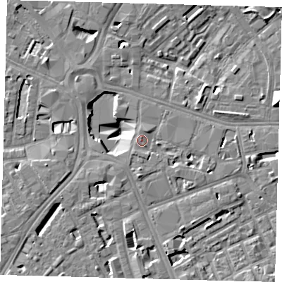 Shaded relief map of the ground around SE171EU, computed from Environment Agency LiDAR. The ground here sits at about 4 m above sea level and falls 13 m across the surrounding 800 m. Surface water reaching this point runs off ground lying to the south-west, 0.8 m higher.