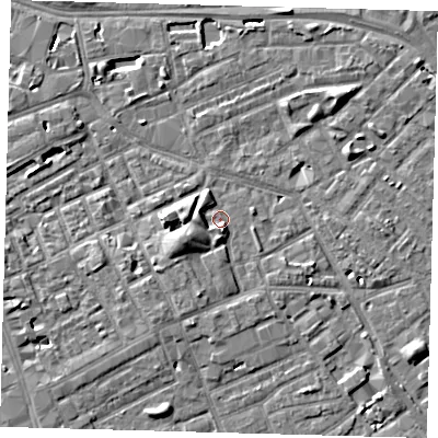 Shaded relief map of the ground around SE171EW, computed from Environment Agency LiDAR. The ground here sits at about 3 m above sea level and falls 7 m across the surrounding 800 m. Surface water reaching this point runs off ground lying to the west, 2.7 m higher.