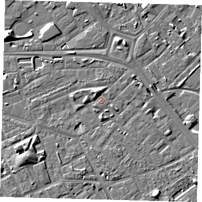 Shaded relief map of the ground around SE171EZ, computed from Environment Agency LiDAR. The ground here sits at about 3 m above sea level and falls 10 m across the surrounding 800 m. Surface water reaching this point runs off ground lying to the north-north-west, 2.5 m higher.