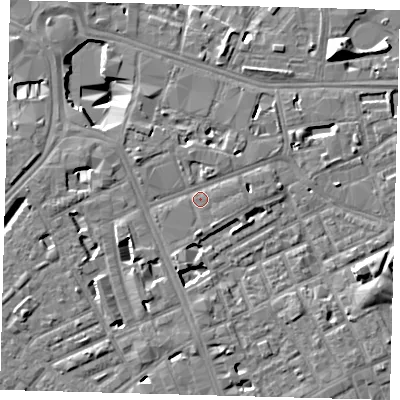 Shaded relief map of the ground around SE171FH, computed from Environment Agency LiDAR. The ground here sits at about 3 m above sea level and falls 13 m across the surrounding 800 m. Surface water reaching this point runs off ground lying to the west-north-west, 2.5 m higher.