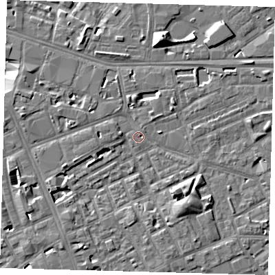 Shaded relief map of the ground around SE171FJ, computed from Environment Agency LiDAR. The ground here sits at about 3 m above sea level and falls 13 m across the surrounding 800 m. Surface water reaching this point runs off ground lying to the south-south-east, 5.4 m higher.