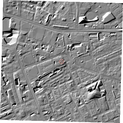 Shaded relief map of the ground around SE171FN, computed from Environment Agency LiDAR. The ground here sits at about 3 m above sea level and falls 13 m across the surrounding 800 m. Surface water reaching this point runs off ground lying to the east-south-east, 1.1 m higher.