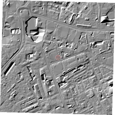 Shaded relief map of the ground around SE171FU, computed from Environment Agency LiDAR. The ground here sits at about 3 m above sea level and falls 13 m across the surrounding 800 m. Surface water reaching this point runs off ground lying to the west-north-west, 2.5 m higher.