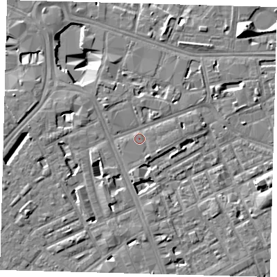 Shaded relief map of the ground around SE171FX, computed from Environment Agency LiDAR. The ground here sits at about 3 m above sea level and falls 13 m across the surrounding 800 m. Surface water reaching this point runs off ground lying to the north-west, 2.5 m higher.