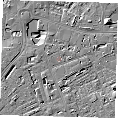 Shaded relief map of the ground around SE171FY, computed from Environment Agency LiDAR. The ground here sits at about 3 m above sea level and falls 13 m across the surrounding 800 m. Surface water reaching this point runs off ground lying to the west, 0.7 m higher.