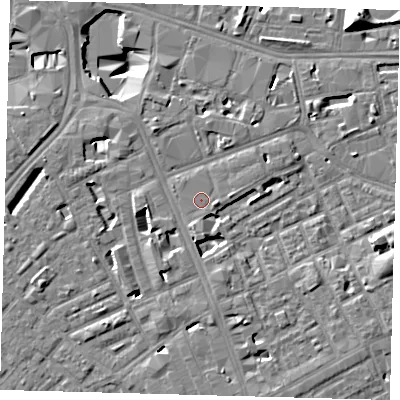 Shaded relief map of the ground around SE171GA, computed from Environment Agency LiDAR. The ground here sits at about 3 m above sea level and falls 13 m across the surrounding 800 m. Surface water reaching this point runs off ground lying to the east, 1.1 m higher.