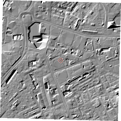 Shaded relief map of the ground around SE171GB, computed from Environment Agency LiDAR. The ground here sits at about 3 m above sea level and falls 13 m across the surrounding 800 m. Surface water reaching this point runs off ground lying to the west-south-west, 0.6 m higher.