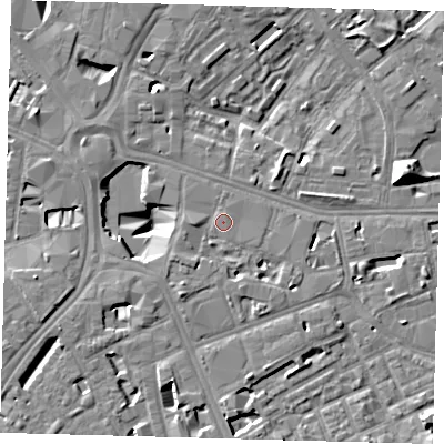 Shaded relief map of the ground around SE171GJ, computed from Environment Agency LiDAR. The ground here sits at about 3 m above sea level and falls 13 m across the surrounding 800 m. Surface water reaching this point runs off ground lying to the south-west, 1.5 m higher.