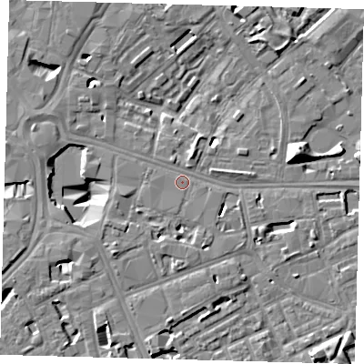 Shaded relief map of the ground around SE171GL, computed from Environment Agency LiDAR. The ground here sits at about 3 m above sea level and falls 13 m across the surrounding 800 m. Surface water reaching this point runs off ground lying to the south-west, 3.8 m higher.