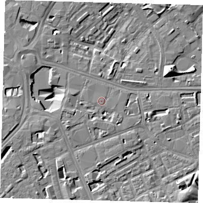 Shaded relief map of the ground around SE171GN, computed from Environment Agency LiDAR. The ground here sits at about 3 m above sea level and falls 13 m across the surrounding 800 m. Surface water reaching this point runs off ground lying to the south-west, 3.8 m higher.