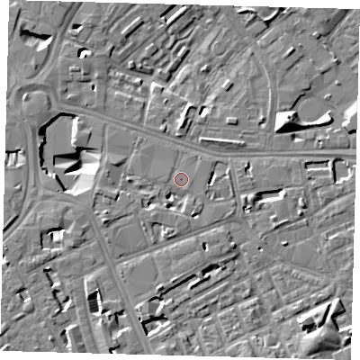 Shaded relief map of the ground around SE171GU, computed from Environment Agency LiDAR. The ground here sits at about 3 m above sea level and falls 13 m across the surrounding 800 m. Surface water reaching this point runs off ground lying to the west-south-west, 3.8 m higher.