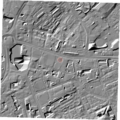 Shaded relief map of the ground around SE171GW, computed from Environment Agency LiDAR. The ground here sits at about 3 m above sea level and falls 13 m across the surrounding 800 m. Surface water reaching this point runs off ground lying to the south-west, 3.8 m higher.
