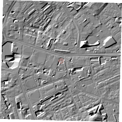 Shaded relief map of the ground around SE171GY, computed from Environment Agency LiDAR. The ground here sits at about 2 m above sea level and falls 13 m across the surrounding 800 m. Surface water reaching this point runs off ground lying to the south-east, 4.8 m higher.