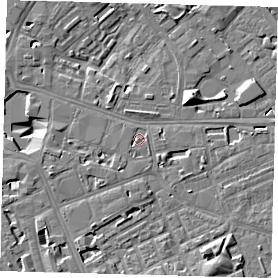 Shaded relief map of the ground around SE171GZ, computed from Environment Agency LiDAR. The ground here sits at about 3 m above sea level and falls 13 m across the surrounding 800 m. Surface water reaching this point runs off ground lying to the south-east, 4.8 m higher.