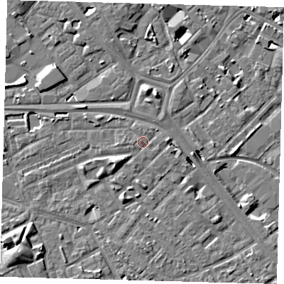 Shaded relief map of the ground around SE171HB, computed from Environment Agency LiDAR. The ground here sits at about 3 m above sea level and falls 7 m across the surrounding 800 m. Surface water reaching this point runs off ground lying to the west-north-west, 0.7 m higher.