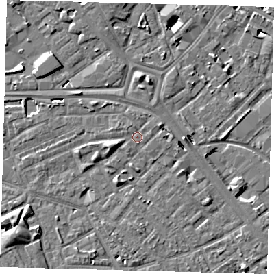 Shaded relief map of the ground around SE171HF, computed from Environment Agency LiDAR. The ground here sits at about 3 m above sea level and falls 7 m across the surrounding 800 m. Surface water reaching this point runs off ground lying to the north-north-west, 0.7 m higher.