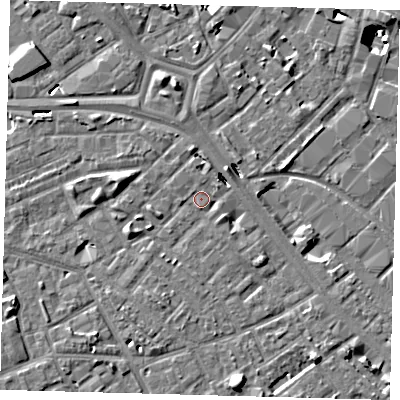 Shaded relief map of the ground around SE171HG, computed from Environment Agency LiDAR. The ground here sits at about 3 m above sea level and falls 10 m across the surrounding 800 m. Surface water reaching this point runs off ground lying to the north, 0.6 m higher.