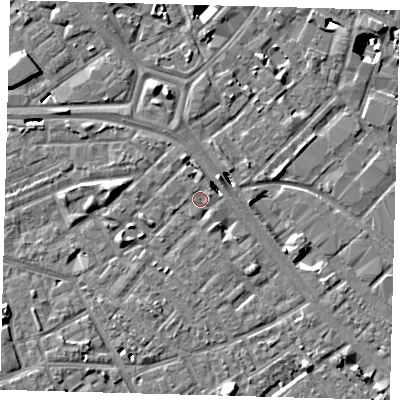 Shaded relief map of the ground around SE171HJ, computed from Environment Agency LiDAR. The ground here sits at about 3 m above sea level and falls 10 m across the surrounding 800 m. Surface water reaching this point runs off ground lying to the east-north-east, 1.2 m higher.