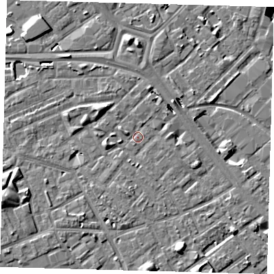 Shaded relief map of the ground around SE171HY, computed from Environment Agency LiDAR. The ground here sits at about 3 m above sea level and falls 9 m across the surrounding 800 m. Surface water reaching this point runs off ground lying to the west-south-west, 4.8 m higher.
