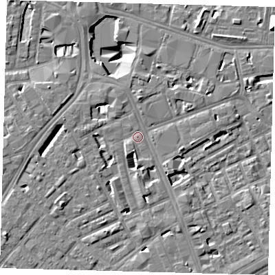 Shaded relief map of the ground around SE171JL, computed from Environment Agency LiDAR. The ground here sits at about 3 m above sea level and falls 11 m across the surrounding 800 m. Surface water reaching this point runs off ground lying to the south, 1.4 m higher.