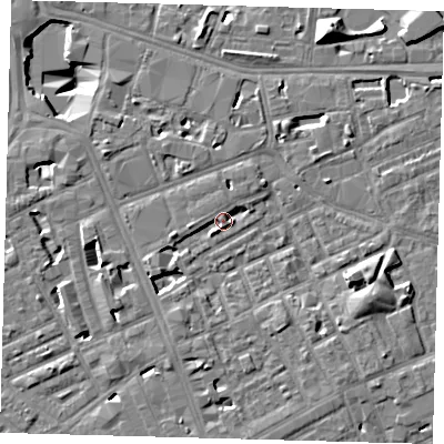 Shaded relief map of the ground around SE171JP, computed from Environment Agency LiDAR. The ground here sits at about 4 m above sea level and falls 13 m across the surrounding 800 m. Surface water reaching this point runs off ground lying to the south-west, 3.2 m higher.