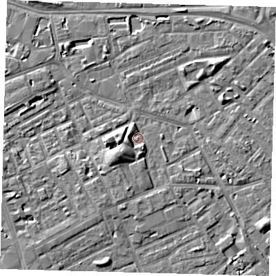 Shaded relief map of the ground around SE171LG, computed from Environment Agency LiDAR. The ground here sits at about 3 m above sea level and falls 7 m across the surrounding 800 m. Surface water reaching this point runs off ground lying to the west-south-west, 2.7 m higher.