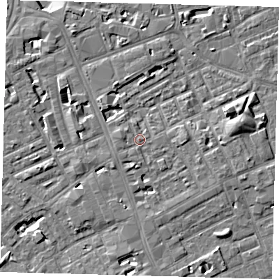 Shaded relief map of the ground around SE171LN, computed from Environment Agency LiDAR. The ground here sits at about 4 m above sea level and falls 6 m across the surrounding 800 m. Surface water reaching this point runs off ground lying to the west, 1.3 m higher.
