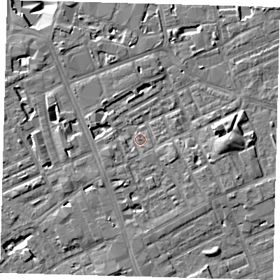 Shaded relief map of the ground around SE171LS, computed from Environment Agency LiDAR. The ground here sits at about 3 m above sea level and falls 11 m across the surrounding 800 m. Surface water reaching this point runs off ground lying to the east, 4.4 m higher.