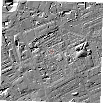 Shaded relief map of the ground around SE171LT, computed from Environment Agency LiDAR. The ground here sits at about 3 m above sea level and falls 11 m across the surrounding 800 m. Surface water reaching this point runs off ground lying to the east, 4.4 m higher.