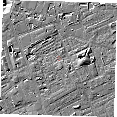 Shaded relief map of the ground around SE171LU, computed from Environment Agency LiDAR. The ground here sits at about 3 m above sea level and falls 11 m across the surrounding 800 m. Surface water reaching this point runs off ground lying to the south-south-east, 1.9 m higher.