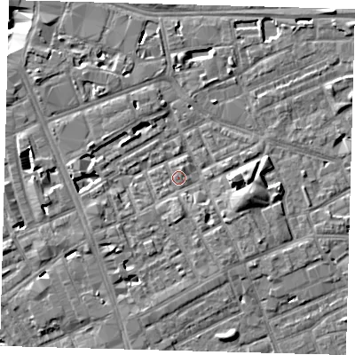 Shaded relief map of the ground around SE171LX, computed from Environment Agency LiDAR. The ground here sits at about 3 m above sea level and falls 11 m across the surrounding 800 m. Surface water reaching this point runs off ground lying to the east, 4.4 m higher.