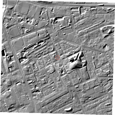 Shaded relief map of the ground around SE171ND, computed from Environment Agency LiDAR. The ground here sits at about 2 m above sea level and falls 7 m across the surrounding 800 m. Surface water reaching this point runs off ground lying to the east-south-east, 4.4 m higher.
