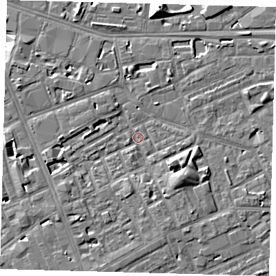 Shaded relief map of the ground around SE171NE, computed from Environment Agency LiDAR. The ground here sits at about 2 m above sea level and falls 10 m across the surrounding 800 m. Surface water reaching this point runs off ground lying to the south-east, 4.4 m higher.