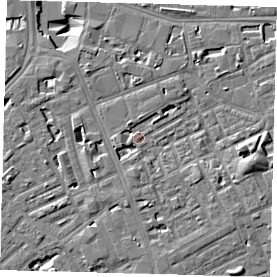 Shaded relief map of the ground around SE171NH, computed from Environment Agency LiDAR. The ground here sits at about 3 m above sea level and falls 11 m across the surrounding 800 m. Surface water reaching this point runs off ground lying to the west-south-west, 3.2 m higher.