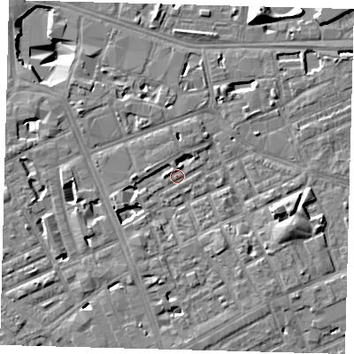 Shaded relief map of the ground around SE171NJ, computed from Environment Agency LiDAR. The ground here sits at about 3 m above sea level and falls 13 m across the surrounding 800 m. Surface water reaching this point runs off ground lying to the east-south-east, 5.4 m higher.