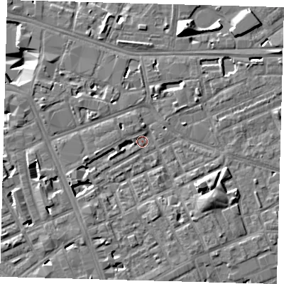 Shaded relief map of the ground around SE171NL, computed from Environment Agency LiDAR. The ground here sits at about 3 m above sea level and falls 13 m across the surrounding 800 m. Surface water reaching this point runs off ground lying to the south-east, 5.4 m higher.