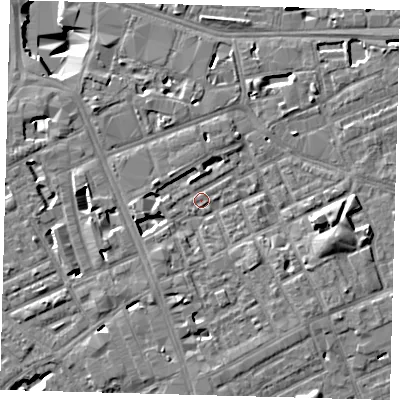 Shaded relief map of the ground around SE171NQ, computed from Environment Agency LiDAR. The ground here sits at about 3 m above sea level and falls 11 m across the surrounding 800 m. Surface water reaching this point runs off ground lying to the east-south-east, 5.4 m higher.