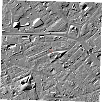 Shaded relief map of the ground around SE171PA, computed from Environment Agency LiDAR. The ground here sits at about 2 m above sea level and falls 10 m across the surrounding 800 m. Surface water reaching this point runs off ground lying to the east-south-east, 2.6 m higher.