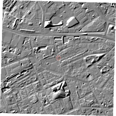 Shaded relief map of the ground around SE171PB, computed from Environment Agency LiDAR. The ground here sits at about 3 m above sea level and falls 10 m across the surrounding 800 m. Surface water reaching this point runs off ground lying to the south, 5.4 m higher.