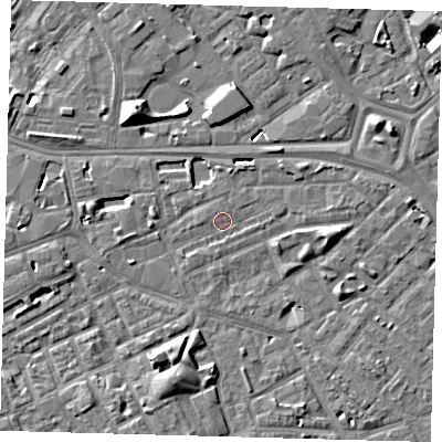 Shaded relief map of the ground around SE171PE, computed from Environment Agency LiDAR. The ground here sits at about 3 m above sea level and falls 10 m across the surrounding 800 m. Surface water reaching this point runs off ground lying to the south, 1.0 m higher.