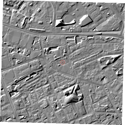 Shaded relief map of the ground around SE171PG, computed from Environment Agency LiDAR. The ground here sits at about 3 m above sea level and falls 10 m across the surrounding 800 m. Surface water reaching this point runs off ground lying to the south, 5.4 m higher.