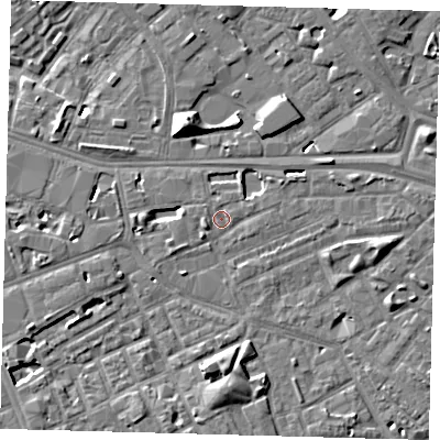 Shaded relief map of the ground around SE171PL, computed from Environment Agency LiDAR. The ground here sits at about 2 m above sea level and falls 10 m across the surrounding 800 m. Surface water reaching this point runs off ground lying to the south, 5.4 m higher.