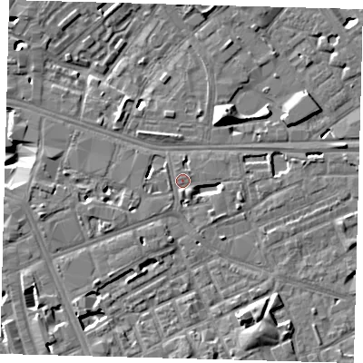 Shaded relief map of the ground around SE171PP, computed from Environment Agency LiDAR. The ground here sits at about 3 m above sea level and falls 13 m across the surrounding 800 m. Surface water reaching this point runs off ground lying to the south-south-east, 1.9 m higher.