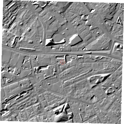 Shaded relief map of the ground around SE171PU, computed from Environment Agency LiDAR. The ground here sits at about 3 m above sea level and falls 10 m across the surrounding 800 m. Surface water reaching this point runs off ground lying to the south, 5.4 m higher.