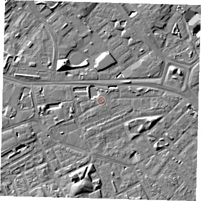 Shaded relief map of the ground around SE171PY, computed from Environment Agency LiDAR. The ground here sits at about 3 m above sea level and falls 10 m across the surrounding 800 m. Surface water reaching this point runs off ground lying to the south-south-west, 5.4 m higher.
