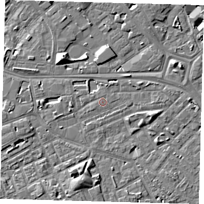 Shaded relief map of the ground around SE171PZ, computed from Environment Agency LiDAR. The ground here sits at about 3 m above sea level and falls 10 m across the surrounding 800 m. Surface water reaching this point runs off ground lying to the south-south-west, 5.4 m higher.